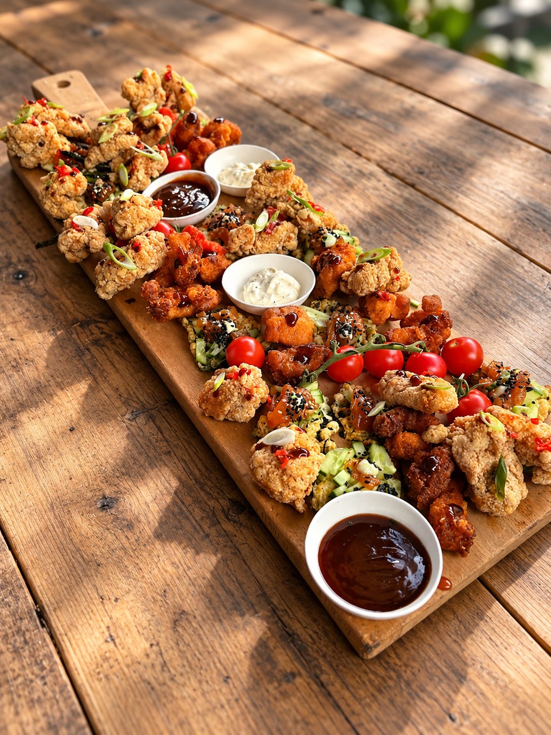 Sharing board with crispy chicken, cherry tomatoes and dips