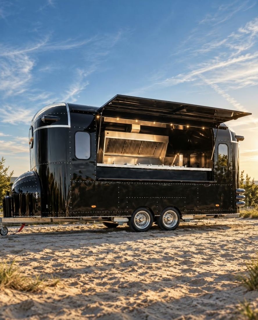 The new black Mr. Fresco food truck with open awning