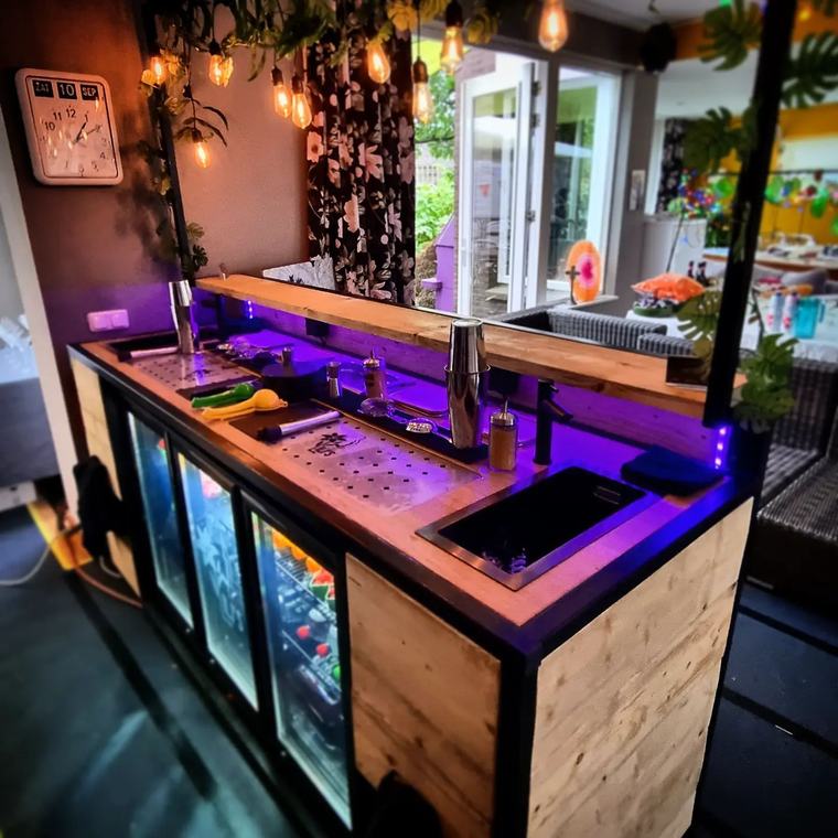 Indoor food bar with fridges, cocktail gear and mood lighting