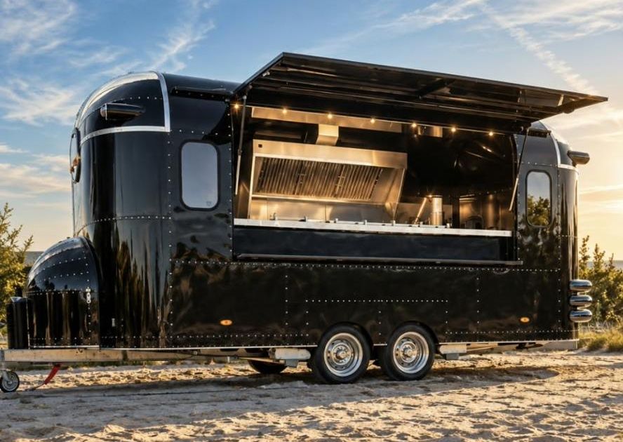 Glossy black food truck with chrome trim, open awning and stainless steel kitchen at sunset